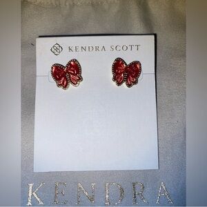 BNWT Kendra Scott Gold & Red Haley Bow Earrings Scarlet Red MOP $80